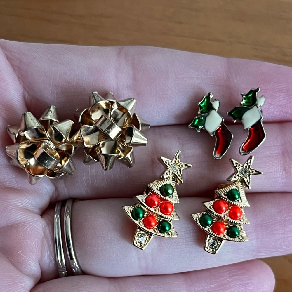 BOGO 3 Pairs of Vintage Christmas Holiday Post Earrings Tree Stocking Bow Avon